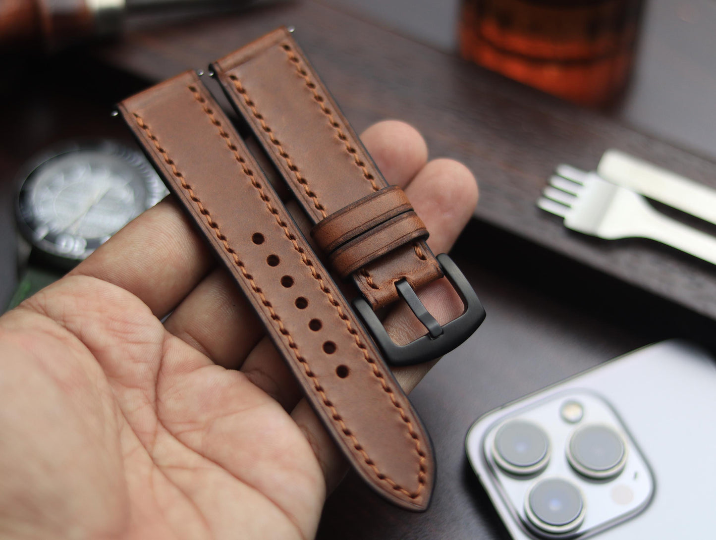 PREMIUM LEATHER STRAP SEPIA BROWN-FULL STITCHED (BROWN)