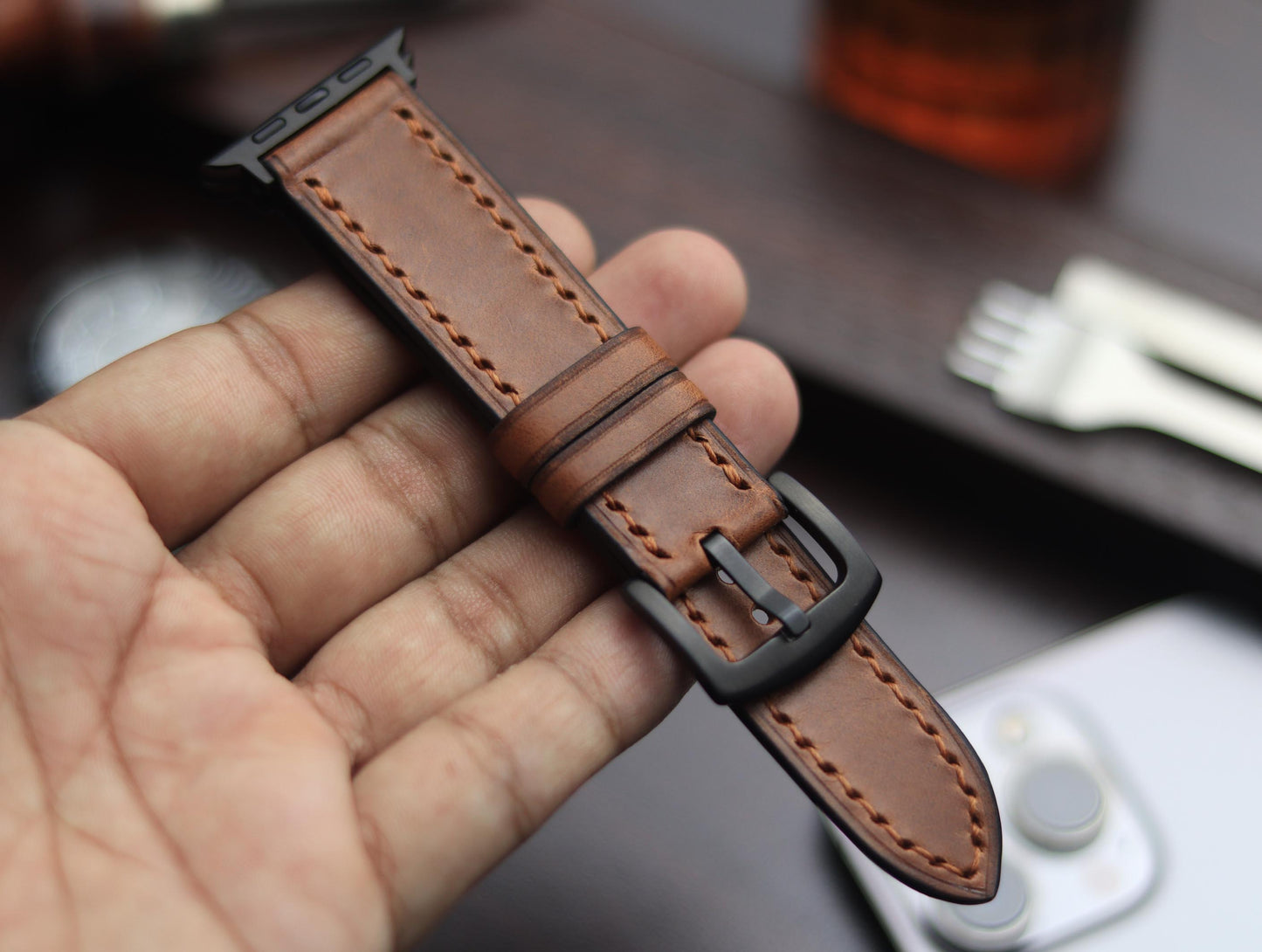 PREMIUM LEATHER STRAP SEPIA BROWN-FULL STITCHED (BROWN)