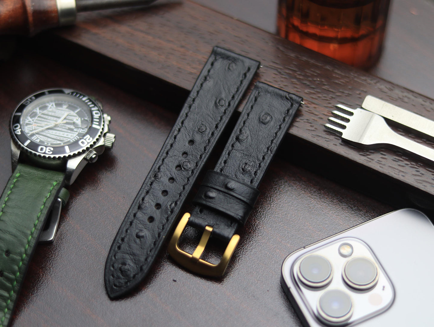 PREMIUM LEATHER STRAP OBSIDIAN  BLACK - FULL STITCHED (BLACK)