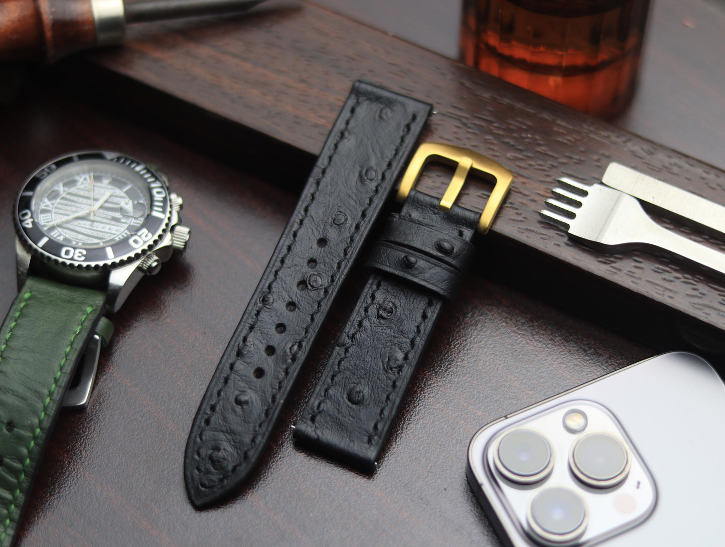 PREMIUM LEATHER STRAP OBSIDIAN  BLACK - FULL STITCHED (BLACK)