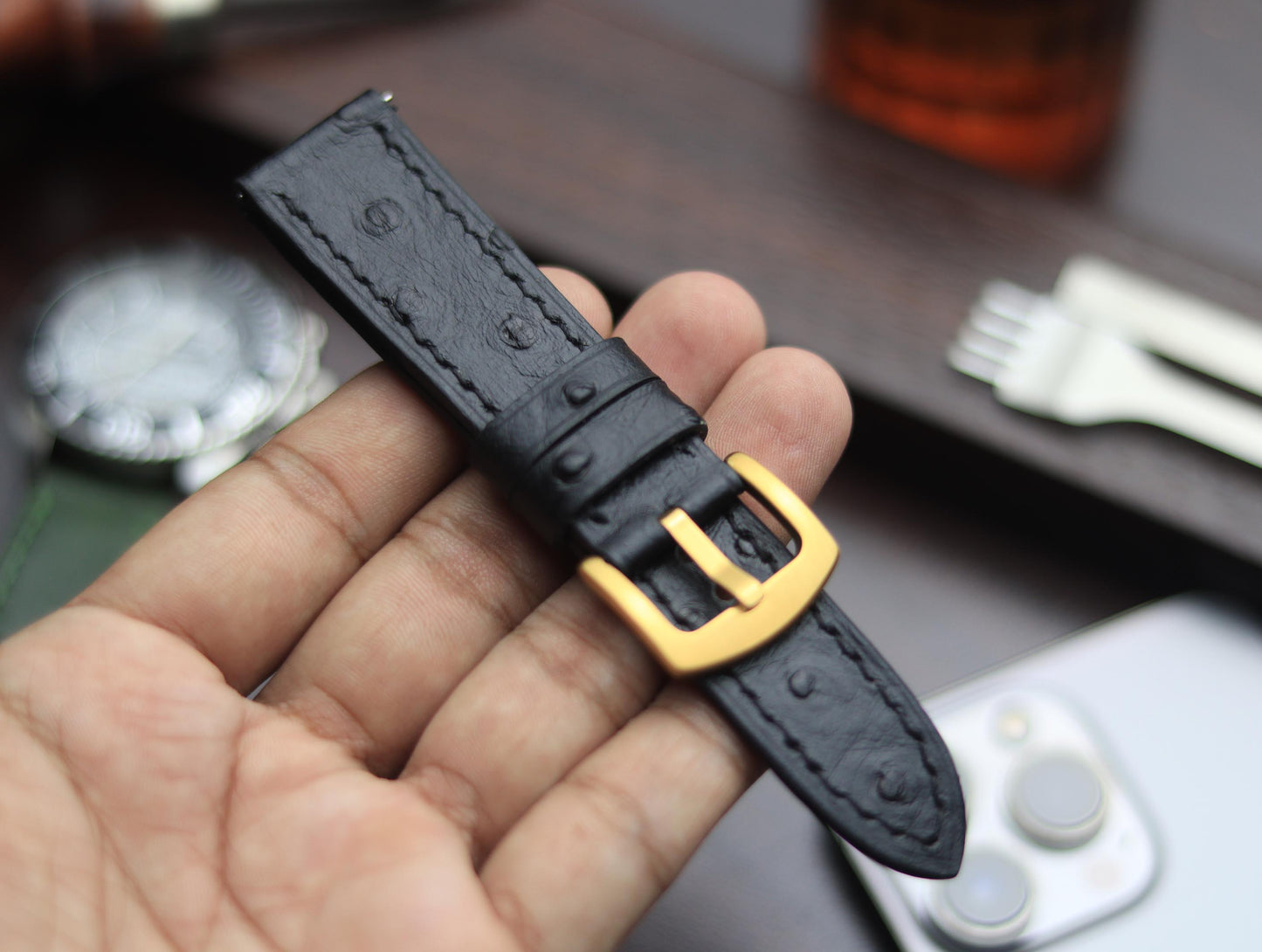 PREMIUM LEATHER STRAP OBSIDIAN  BLACK - FULL STITCHED (BLACK)