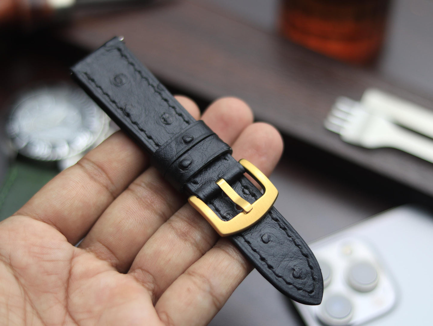 PREMIUM LEATHER STRAP OBSIDIAN  BLACK - FULL STITCHED (BLACK)