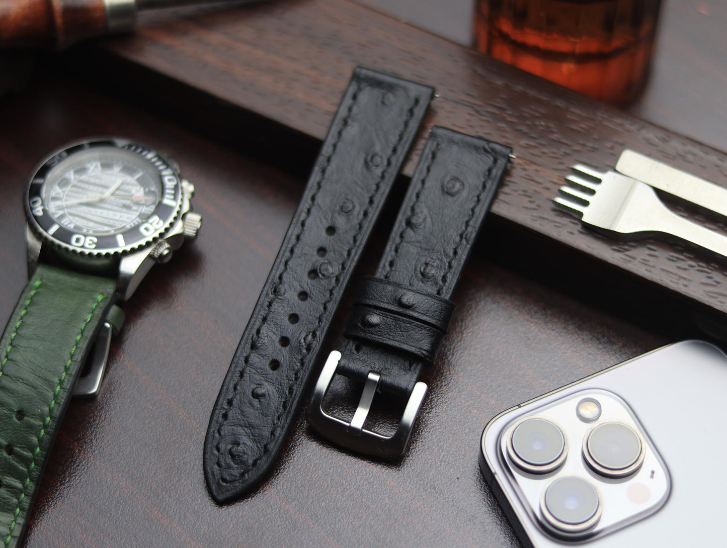 PREMIUM LEATHER STRAP OBSIDIAN  BLACK - FULL STITCHED (BLACK)