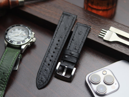 PREMIUM LEATHER STRAP OBSIDIAN  BLACK - FULL STITCHED (BLACK)
