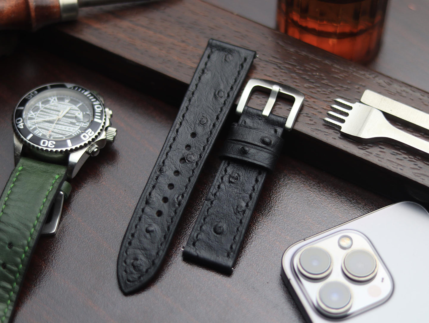 PREMIUM LEATHER STRAP OBSIDIAN  BLACK - FULL STITCHED (BLACK)