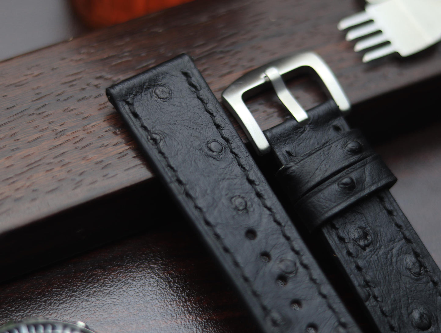 PREMIUM LEATHER STRAP OBSIDIAN  BLACK - FULL STITCHED (BLACK)