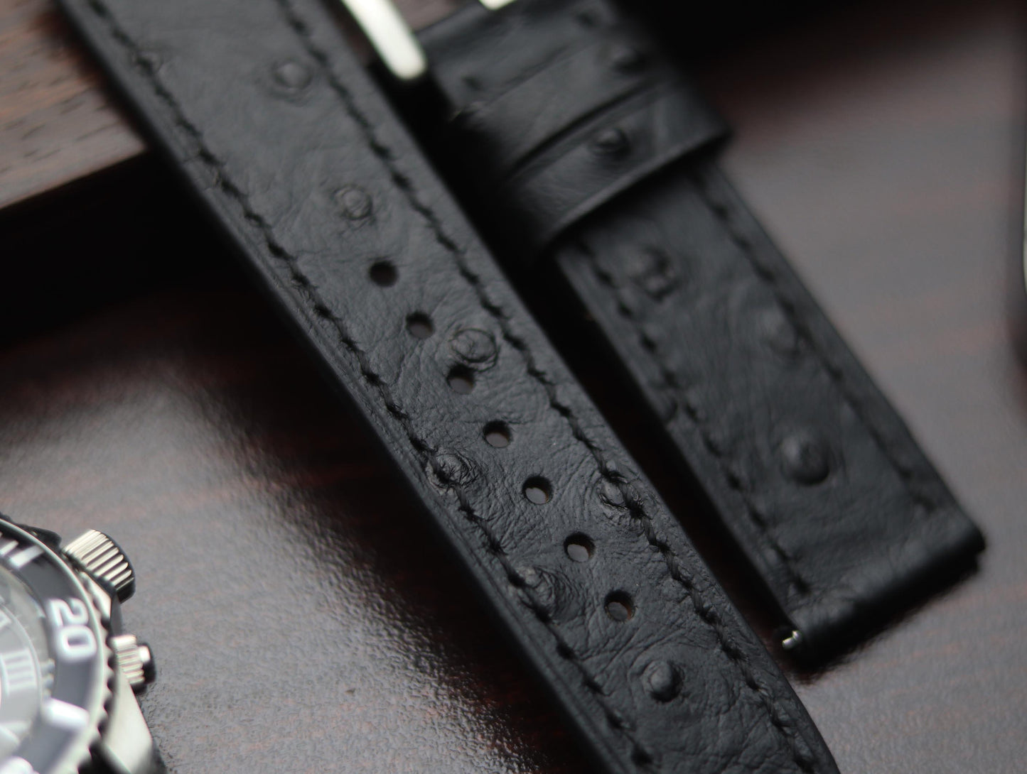 PREMIUM LEATHER STRAP OBSIDIAN  BLACK - FULL STITCHED (BLACK)