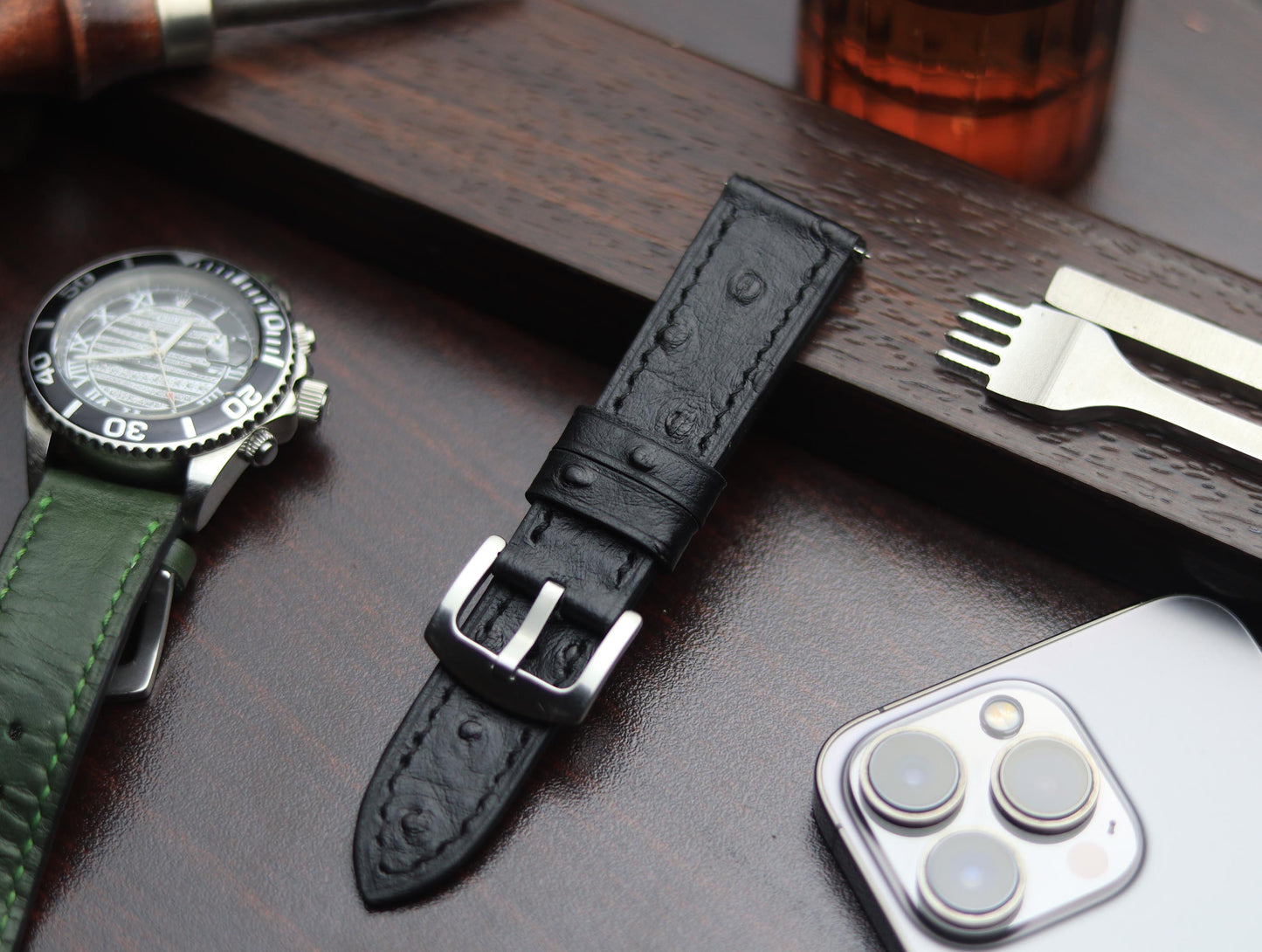 PREMIUM LEATHER STRAP OBSIDIAN  BLACK - FULL STITCHED (BLACK)