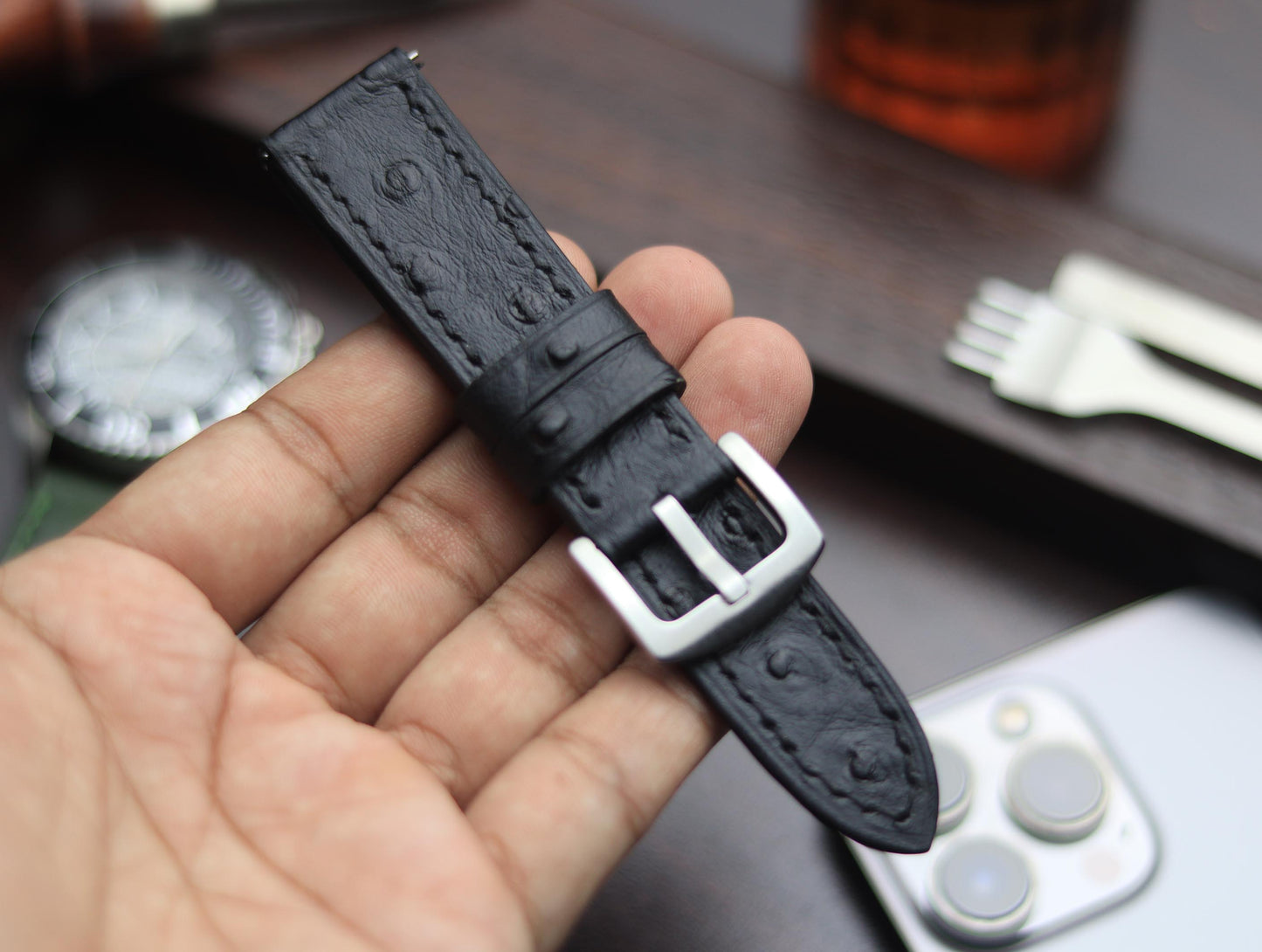 PREMIUM LEATHER STRAP OBSIDIAN  BLACK - FULL STITCHED (BLACK)