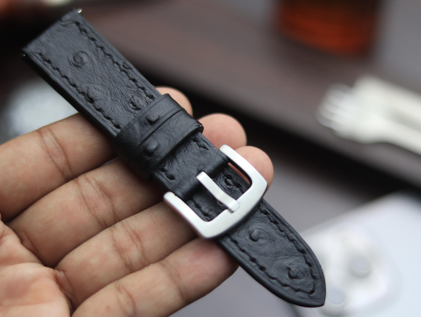 PREMIUM LEATHER STRAP OBSIDIAN  BLACK - FULL STITCHED (BLACK)