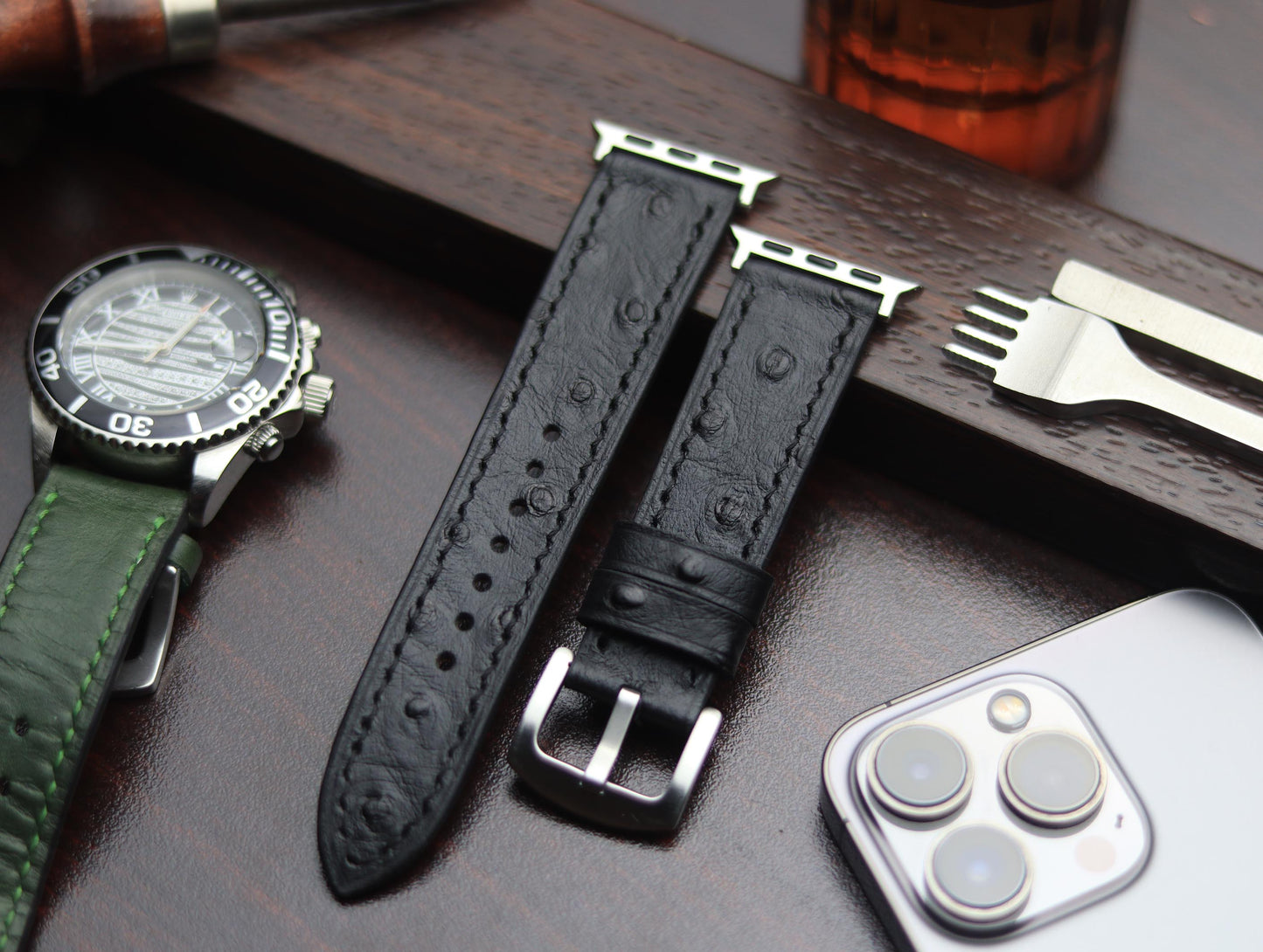 PREMIUM LEATHER STRAP OBSIDIAN  BLACK - FULL STITCHED (BLACK)