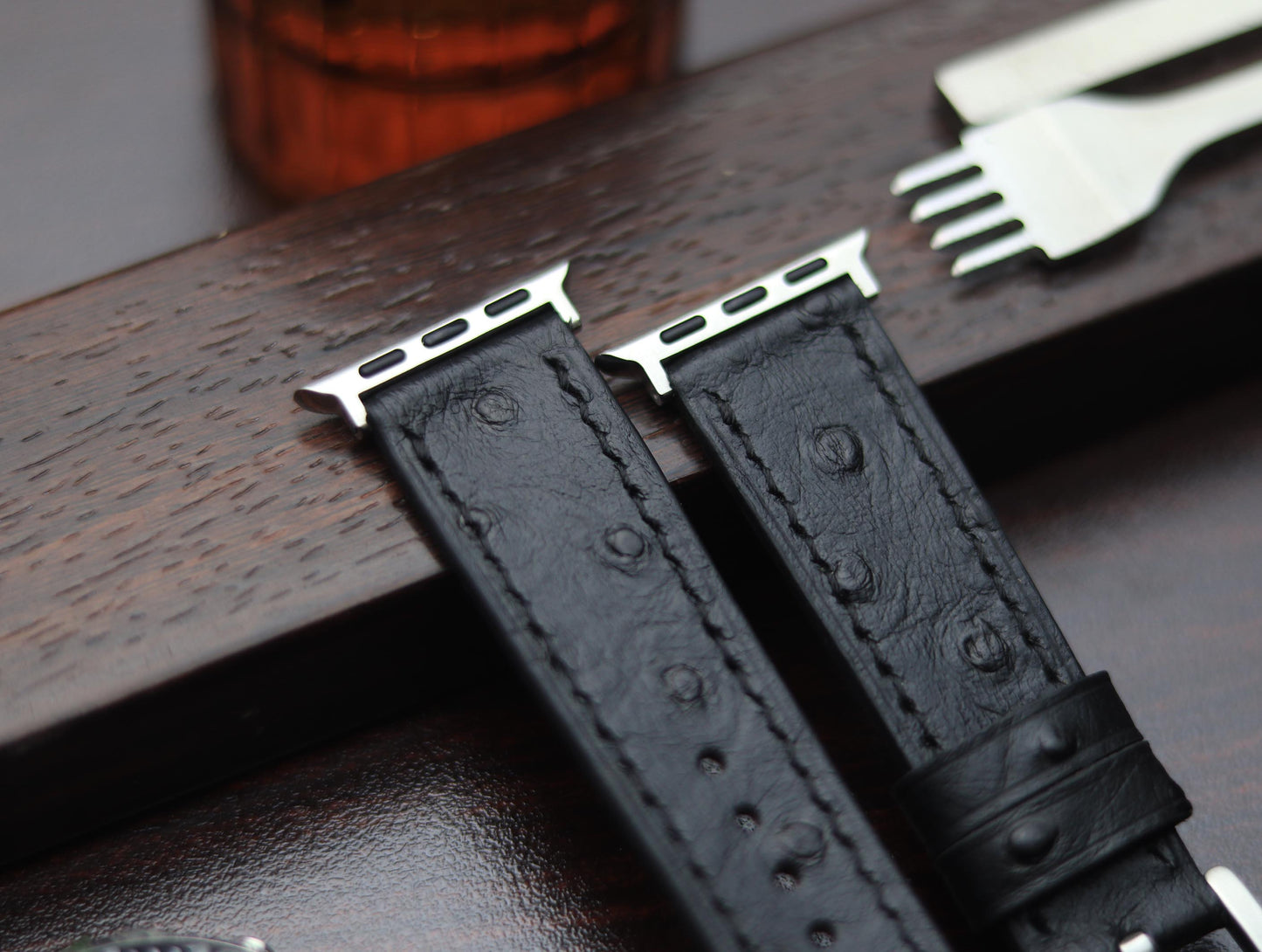 PREMIUM LEATHER STRAP OBSIDIAN  BLACK - FULL STITCHED (BLACK)