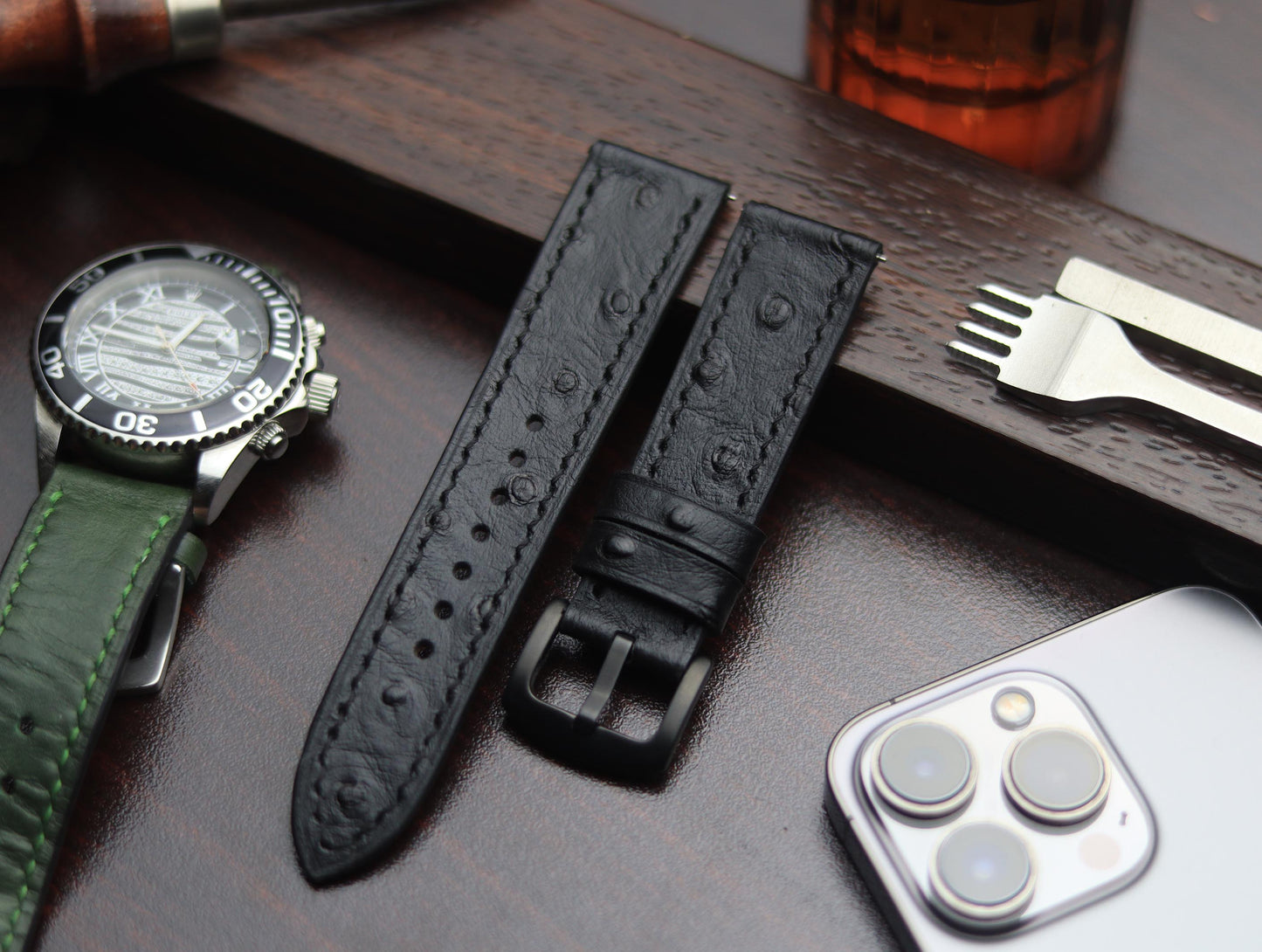 PREMIUM LEATHER STRAP OBSIDIAN  BLACK - FULL STITCHED (BLACK)