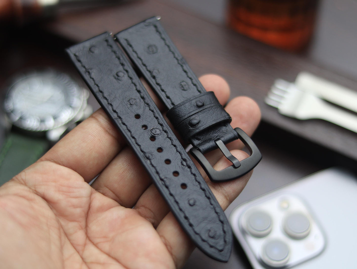 PREMIUM LEATHER STRAP OBSIDIAN  BLACK - FULL STITCHED (BLACK)