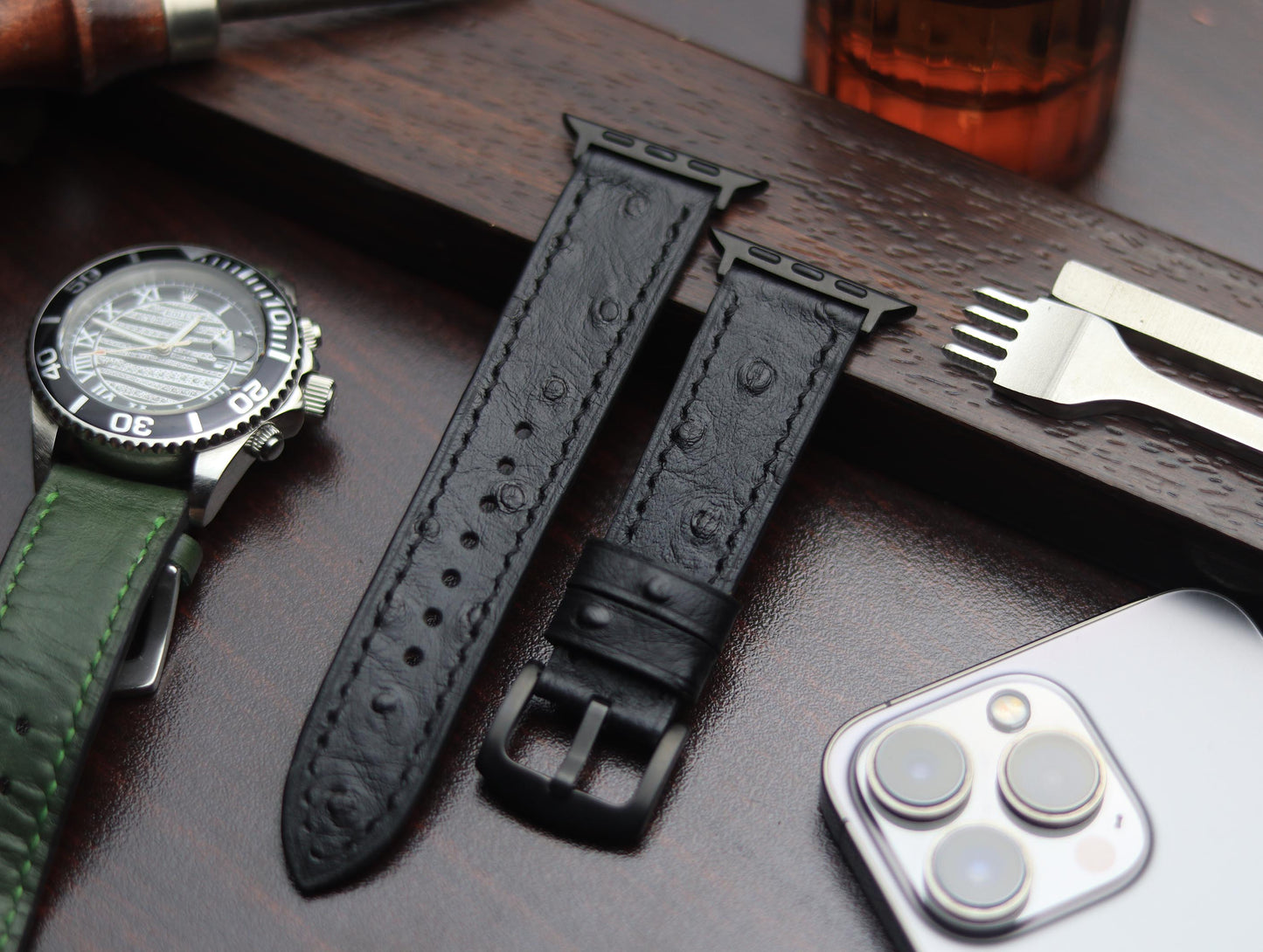 PREMIUM LEATHER STRAP OBSIDIAN  BLACK - FULL STITCHED (BLACK)