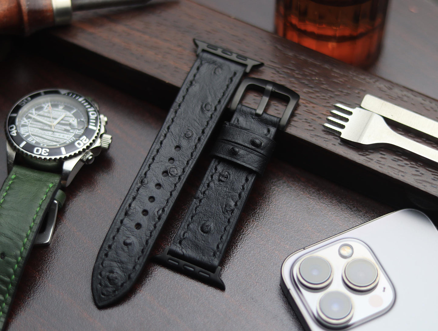 PREMIUM LEATHER STRAP OBSIDIAN  BLACK - FULL STITCHED (BLACK)
