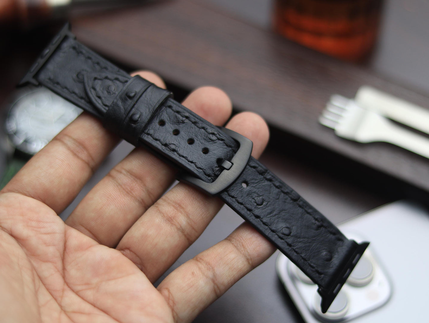 PREMIUM LEATHER STRAP OBSIDIAN  BLACK - FULL STITCHED (BLACK)