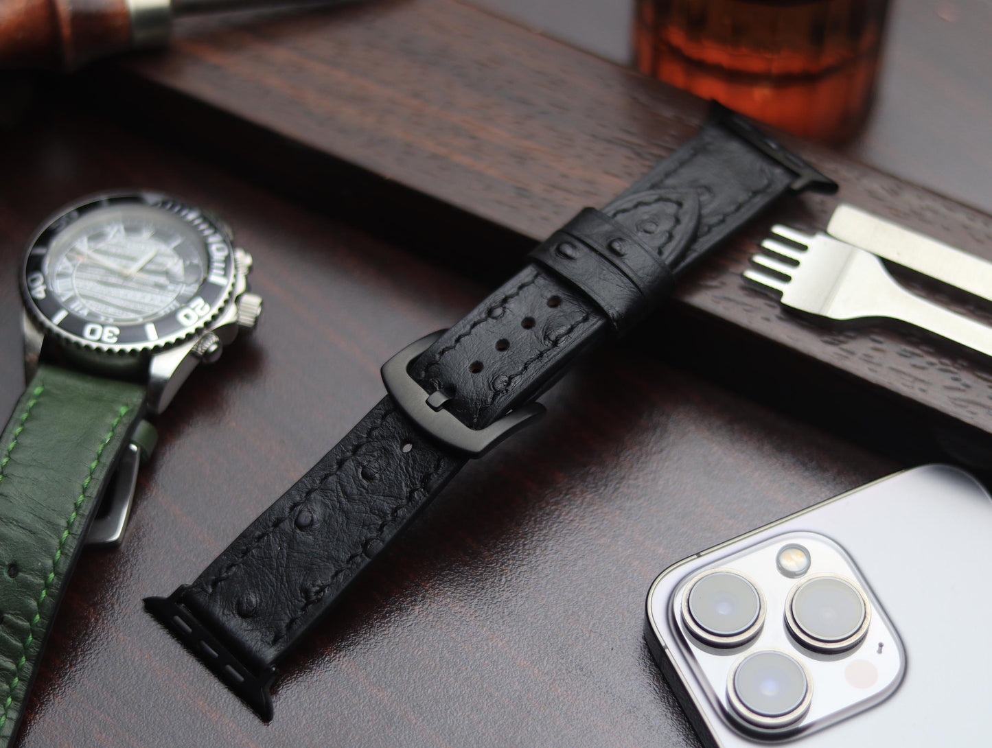 PREMIUM LEATHER STRAP OBSIDIAN  BLACK - FULL STITCHED (BLACK)