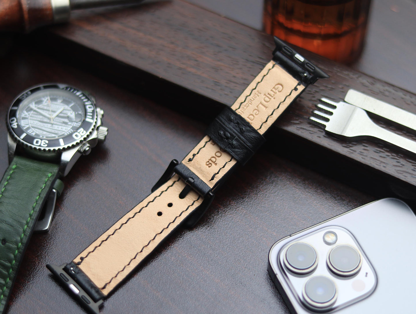 PREMIUM LEATHER STRAP OBSIDIAN  BLACK - FULL STITCHED (BLACK)