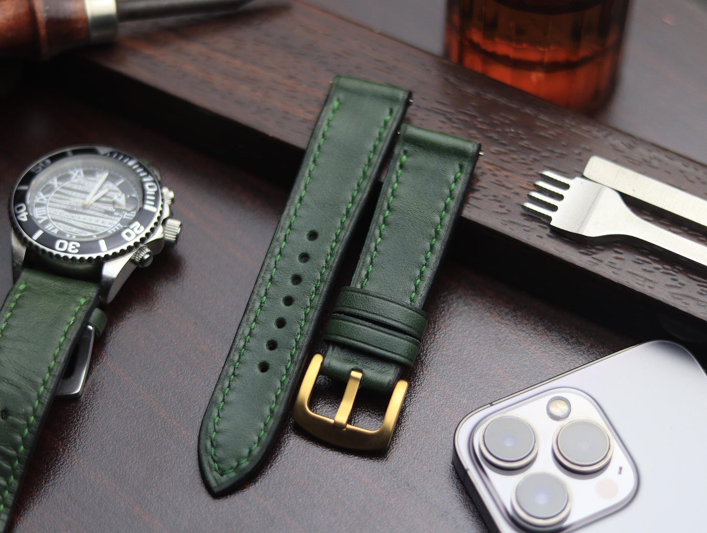 PREMIUM LEATHER STRAP FOREST GREEN -FULL STITCHED (GREEN)