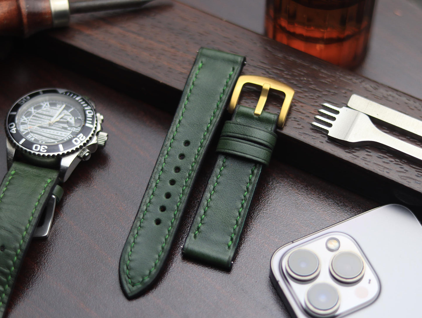 PREMIUM LEATHER STRAP FOREST GREEN -FULL STITCHED (GREEN)