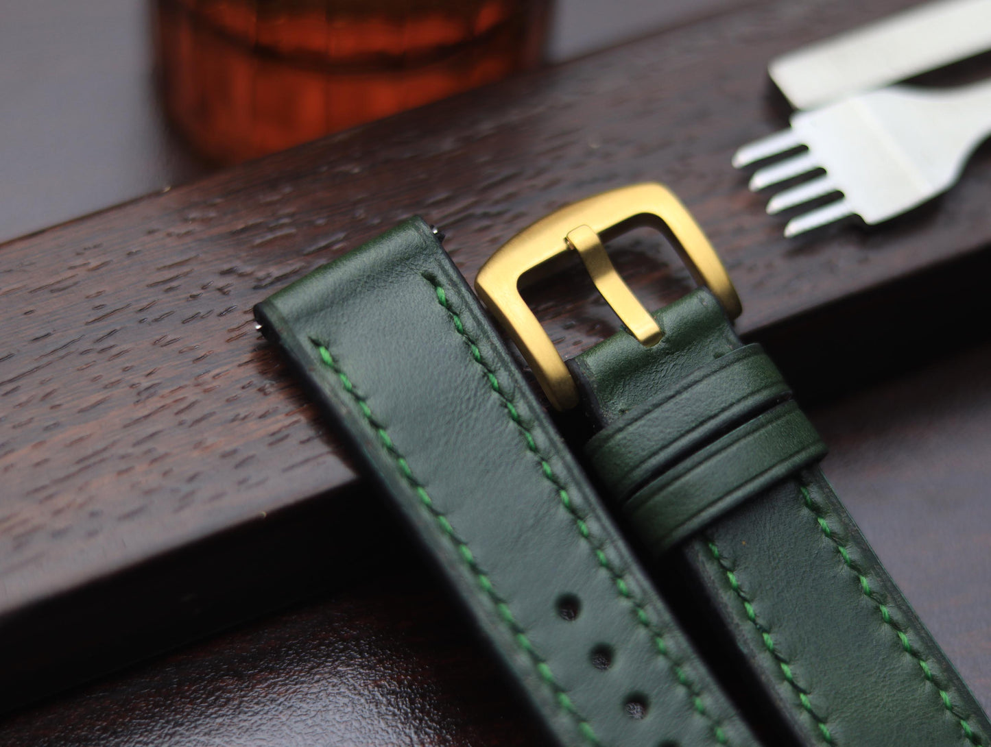 PREMIUM LEATHER STRAP FOREST GREEN -FULL STITCHED (GREEN)