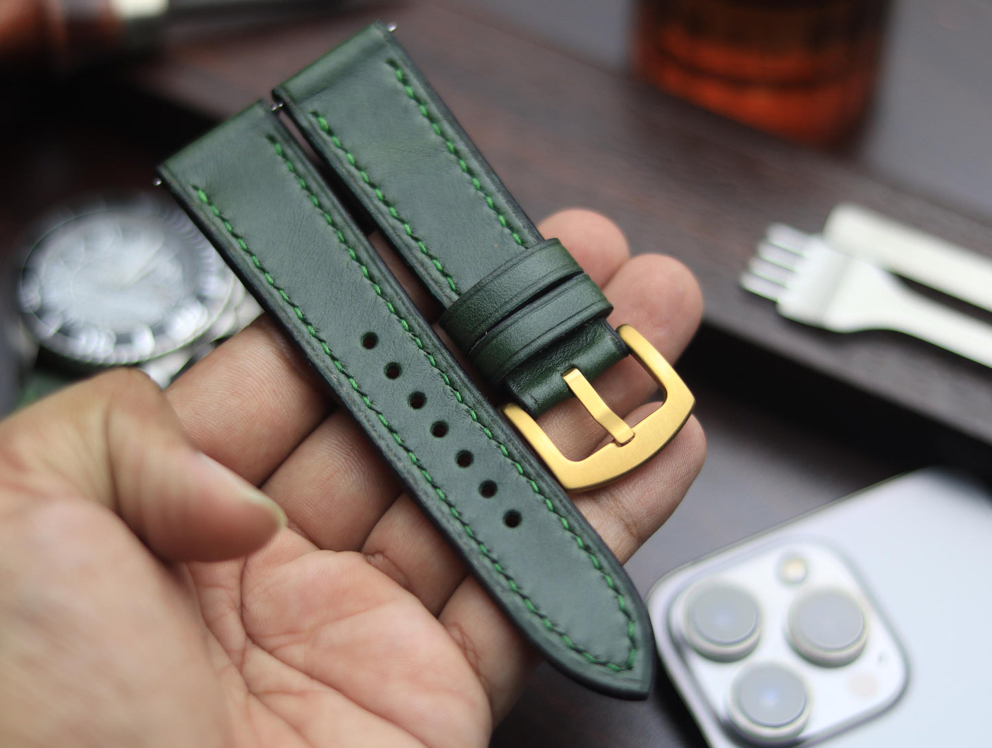 PREMIUM LEATHER STRAP FOREST GREEN -FULL STITCHED (GREEN)