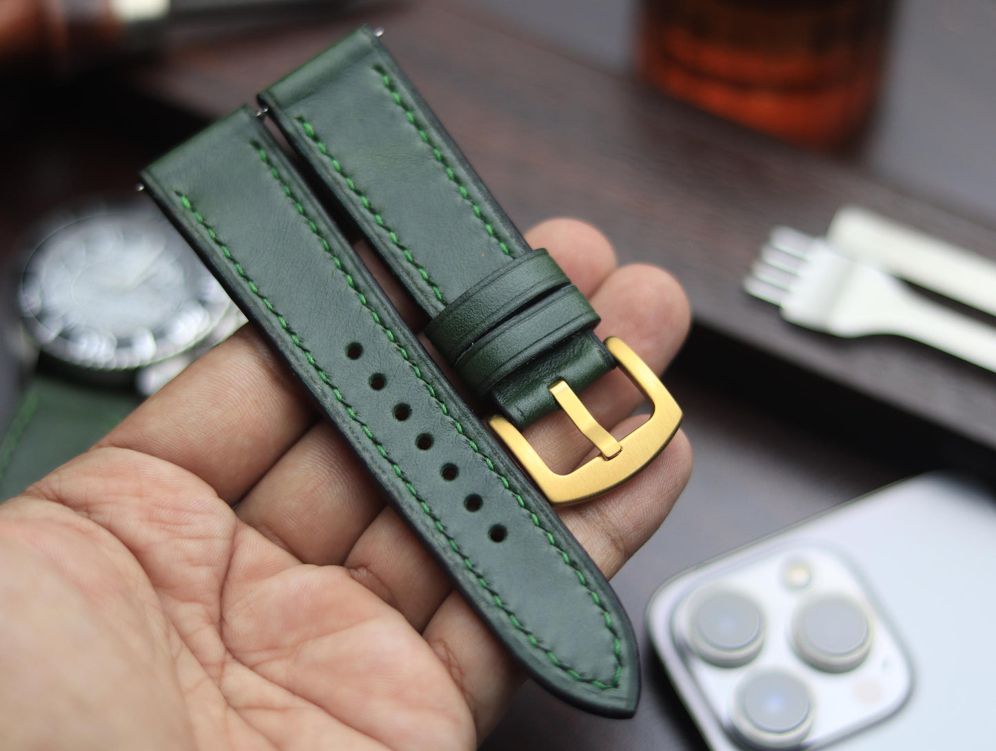PREMIUM LEATHER STRAP FOREST GREEN -FULL STITCHED (GREEN)