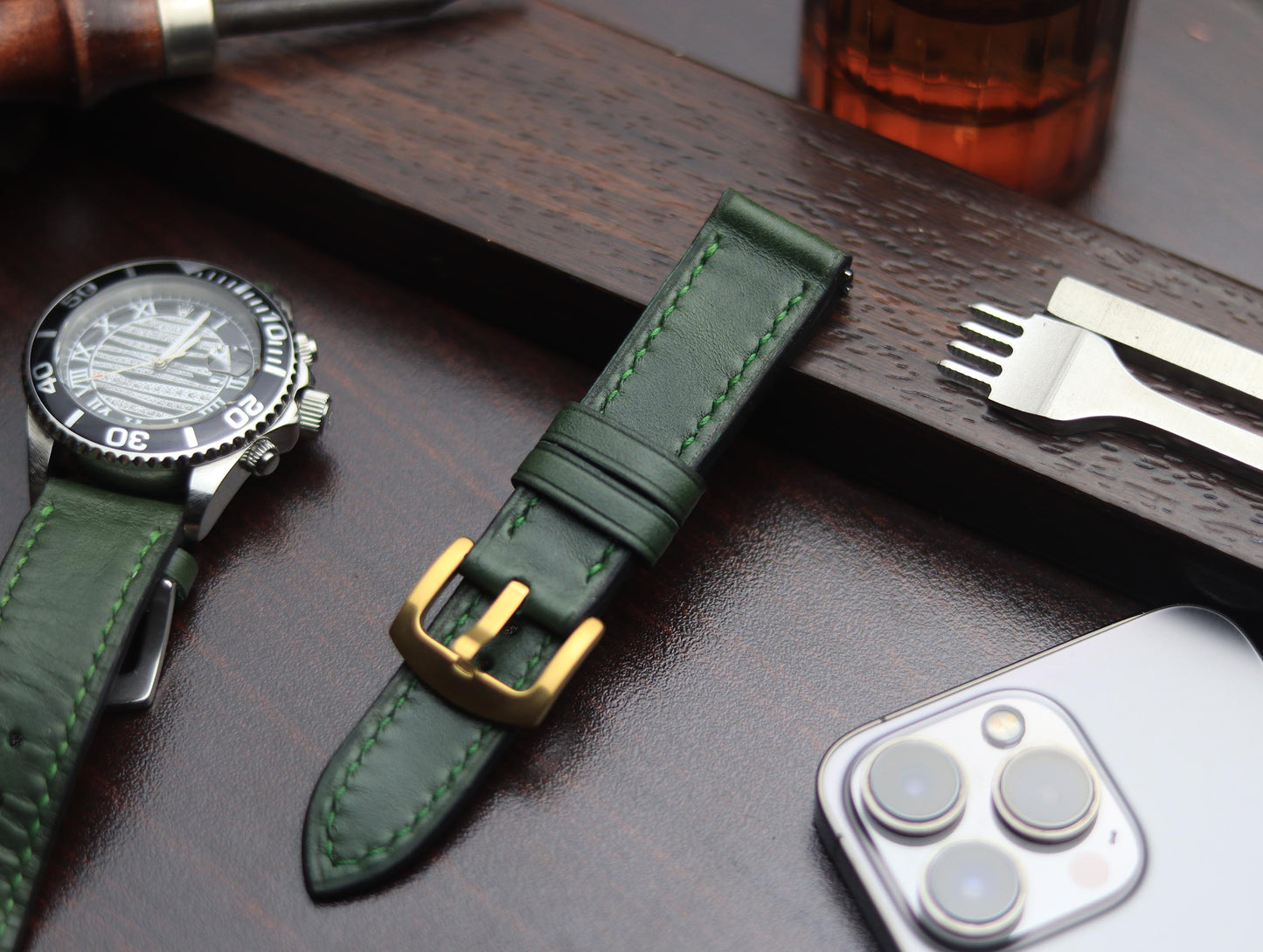 PREMIUM LEATHER STRAP FOREST GREEN -FULL STITCHED (GREEN)