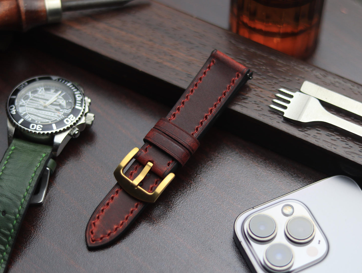 PREMIUM LEATHER STRAP MERLOT RED - FULL STITCHED (RED)