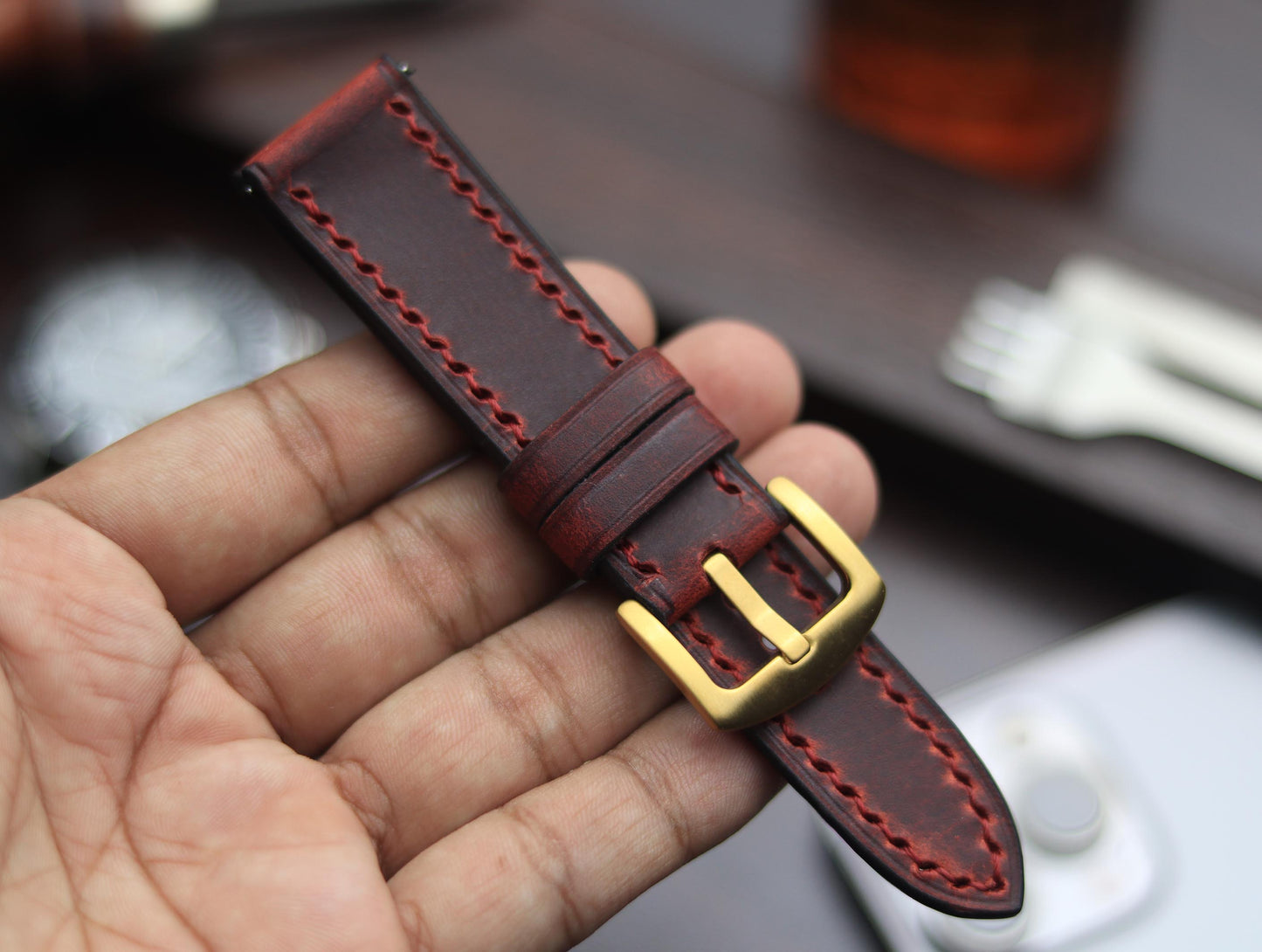 PREMIUM LEATHER STRAP MERLOT RED - FULL STITCHED (RED)