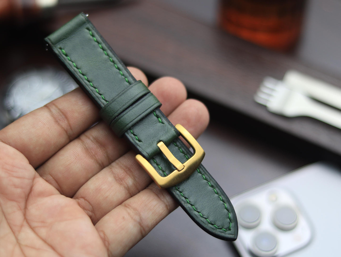 PREMIUM LEATHER STRAP FOREST GREEN -FULL STITCHED (GREEN)