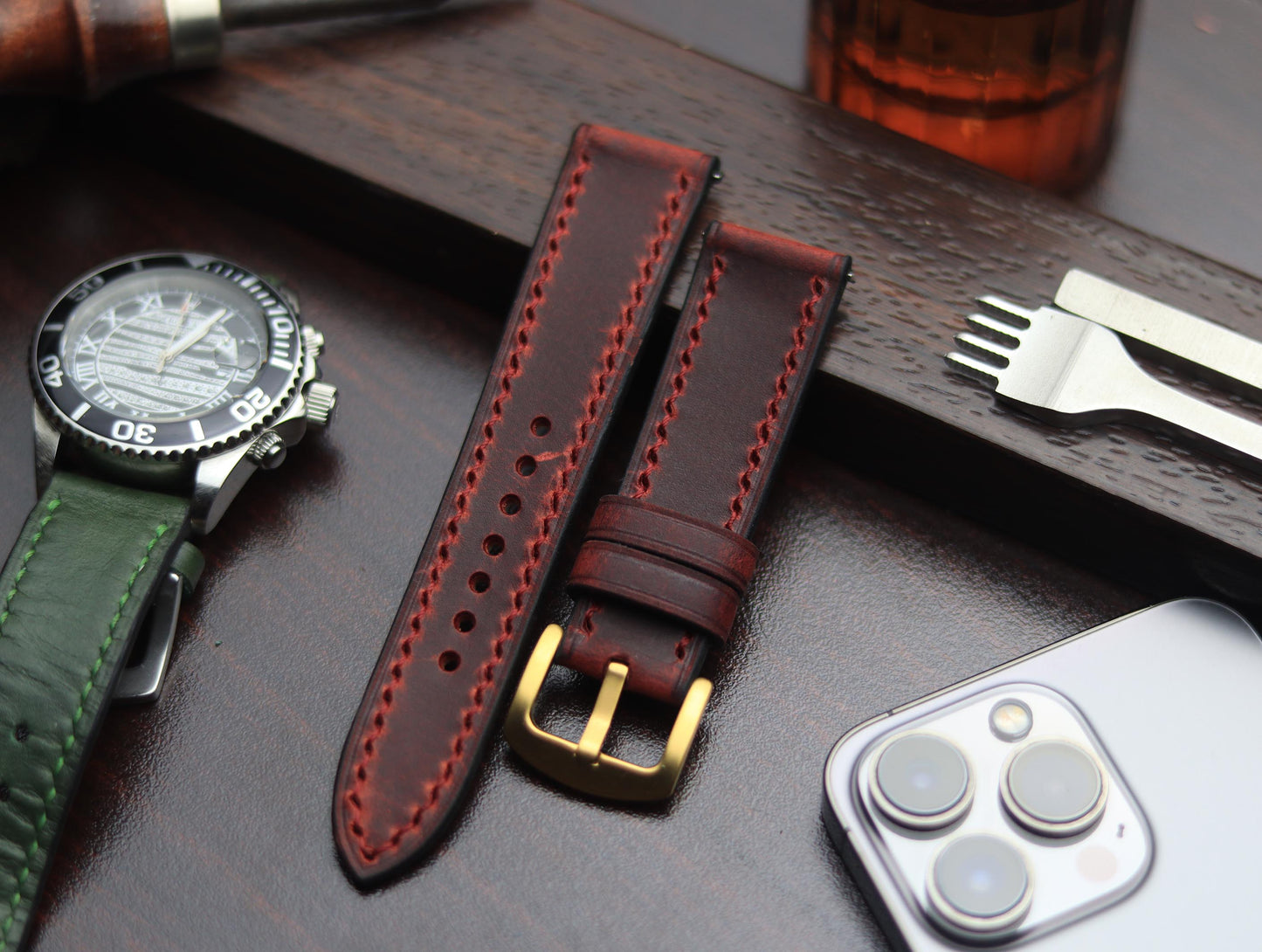 PREMIUM LEATHER STRAP MERLOT RED - FULL STITCHED (RED)