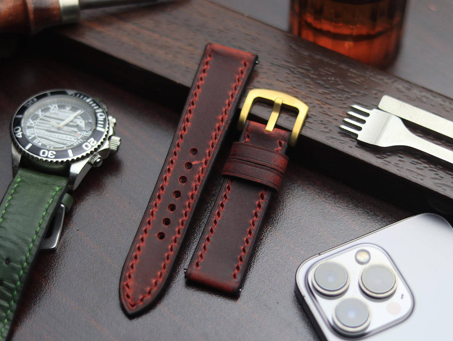 PREMIUM LEATHER STRAP MERLOT RED - FULL STITCHED (RED)