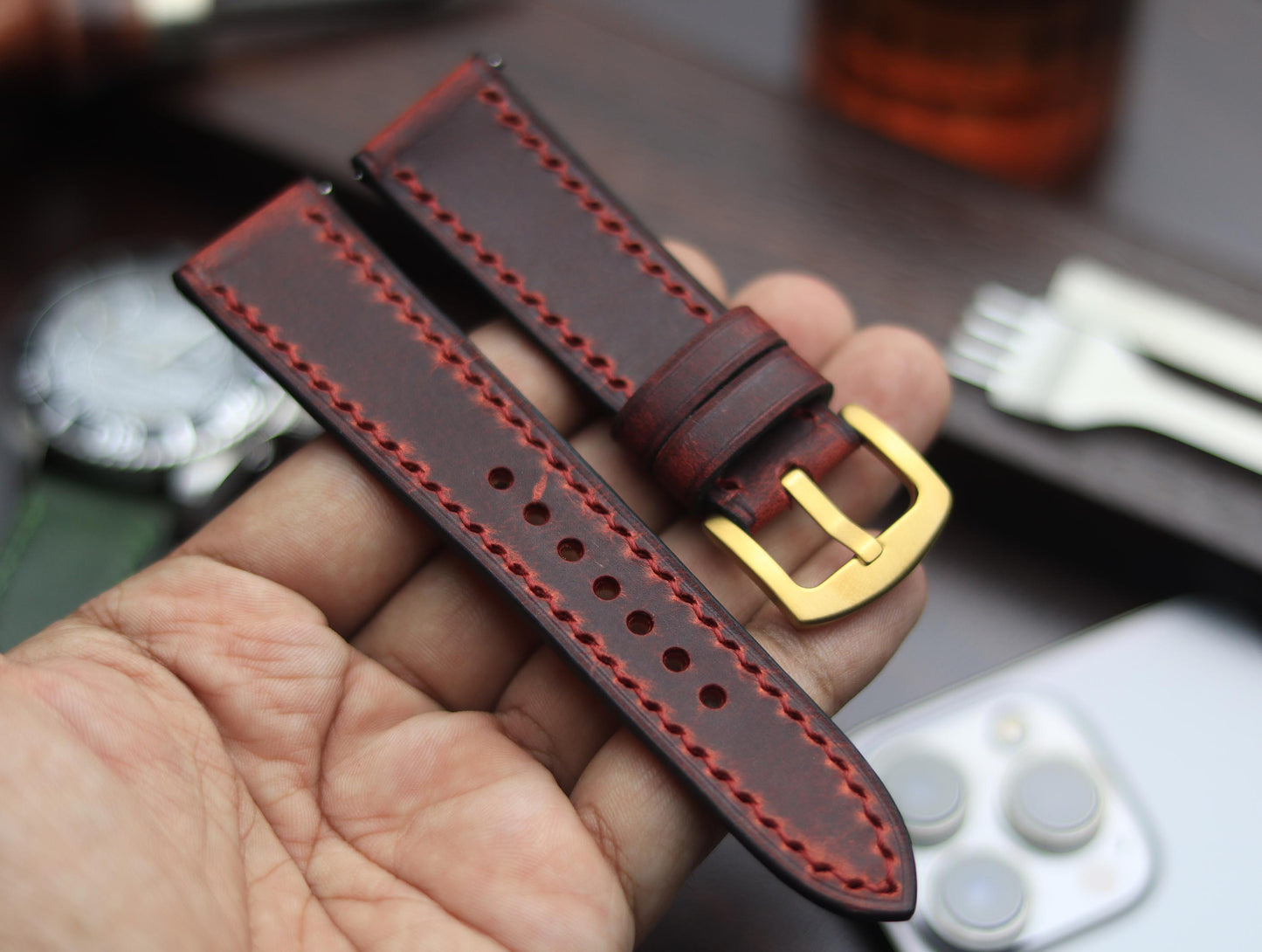 PREMIUM LEATHER STRAP MERLOT RED - FULL STITCHED (RED)