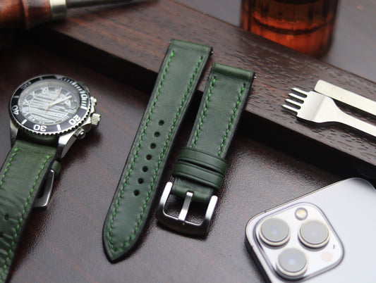 PREMIUM LEATHER STRAP FOREST GREEN -FULL STITCHED (GREEN)