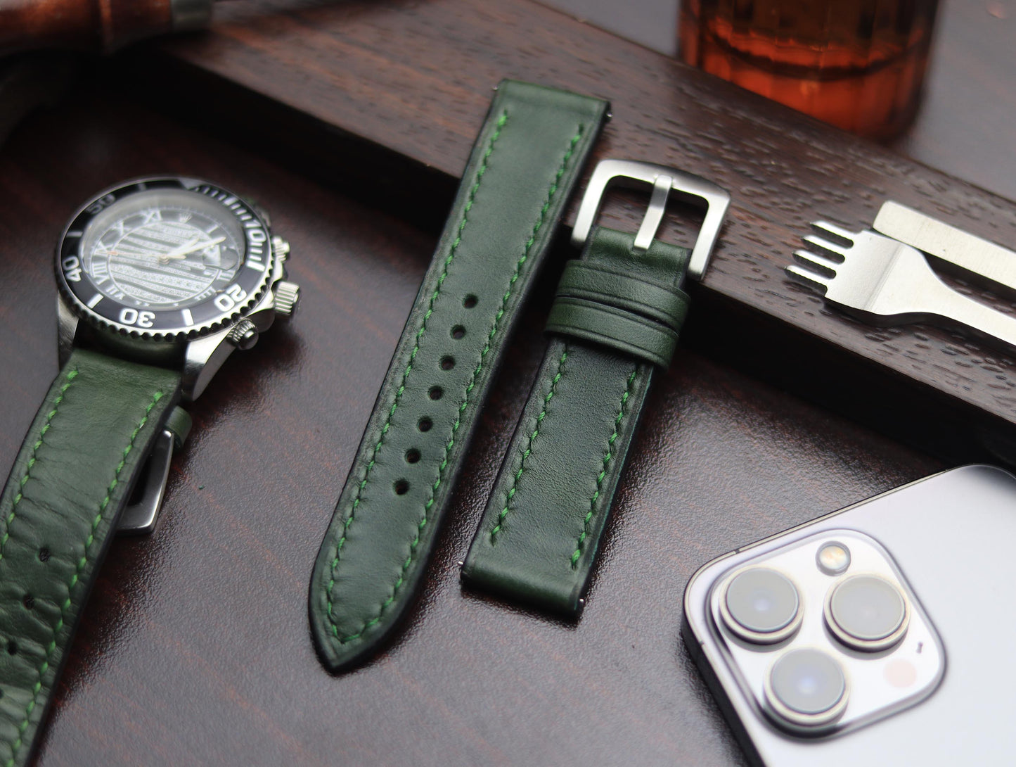 PREMIUM LEATHER STRAP FOREST GREEN -FULL STITCHED (GREEN)