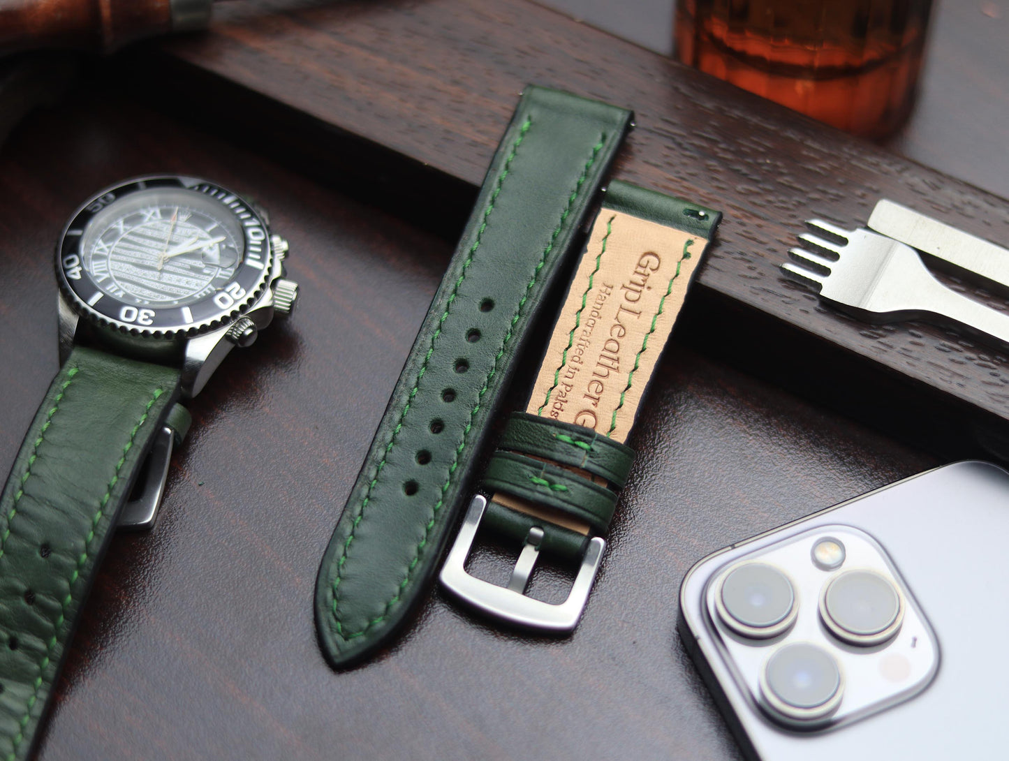 PREMIUM LEATHER STRAP FOREST GREEN -FULL STITCHED (GREEN)