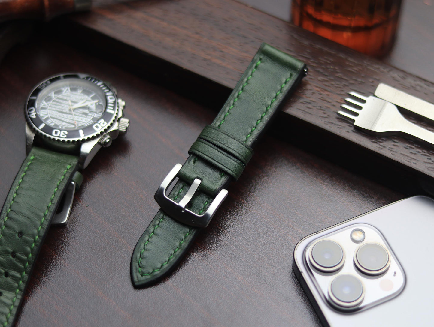 PREMIUM LEATHER STRAP FOREST GREEN -FULL STITCHED (GREEN)