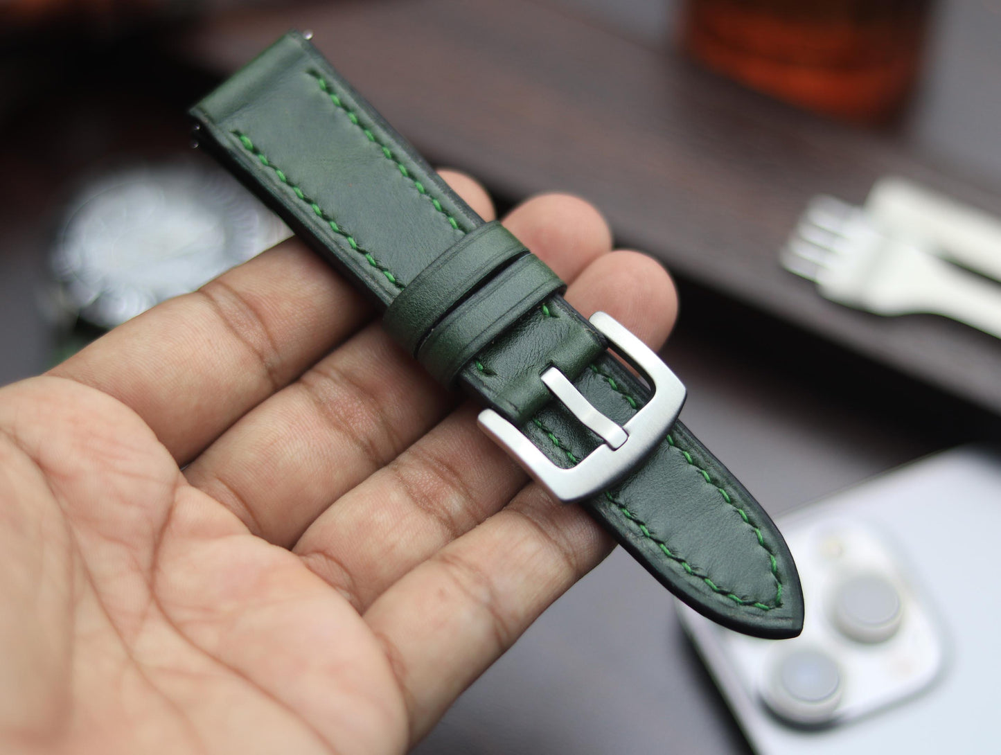 PREMIUM LEATHER STRAP FOREST GREEN -FULL STITCHED (GREEN)