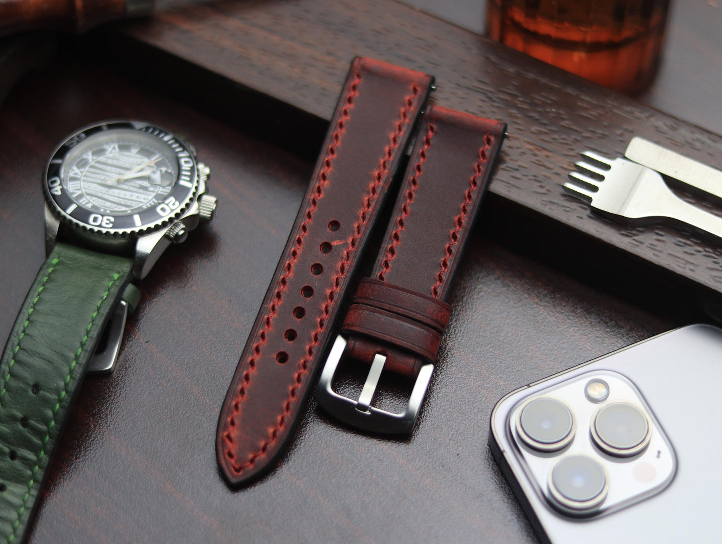 PREMIUM LEATHER STRAP MERLOT RED - FULL STITCHED (RED)