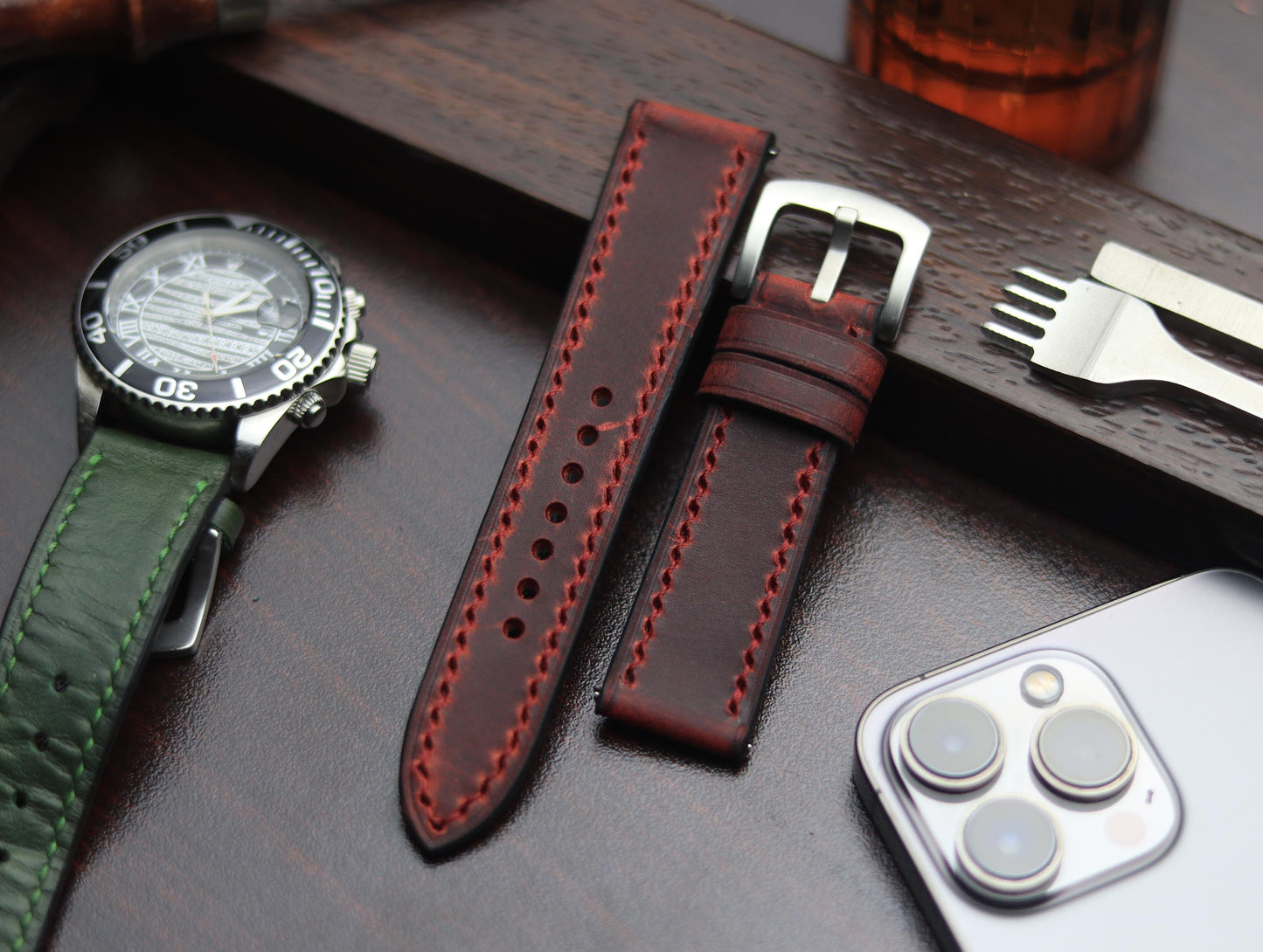 PREMIUM LEATHER STRAP MERLOT RED - FULL STITCHED (RED)