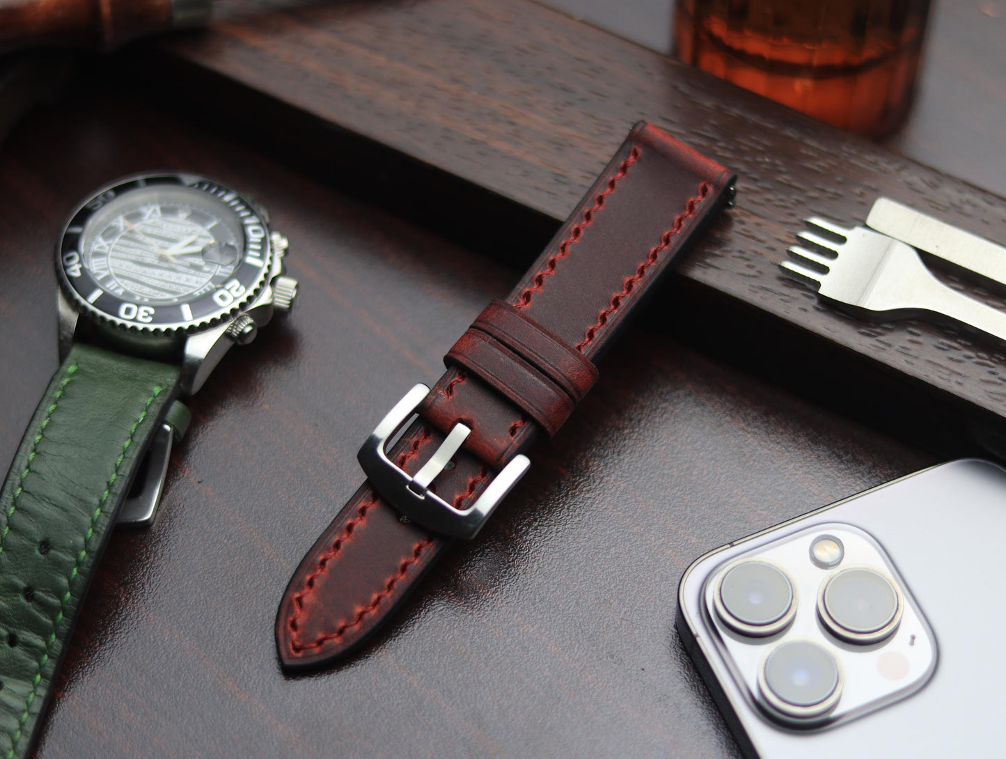 PREMIUM LEATHER STRAP MERLOT RED - FULL STITCHED (RED)