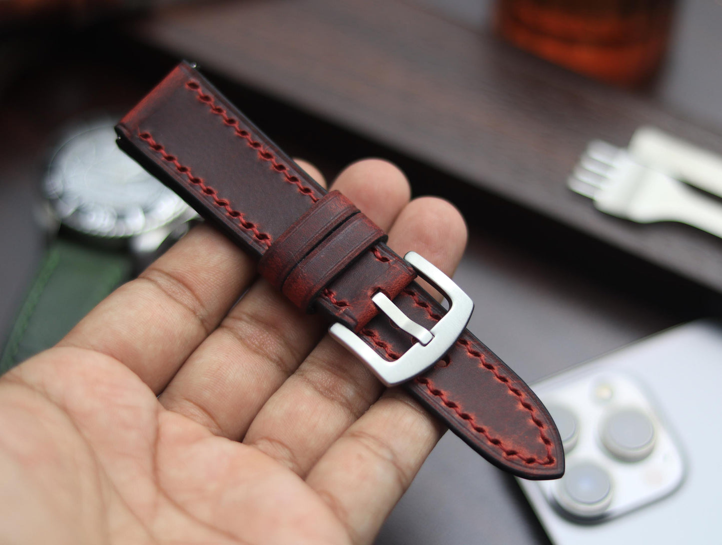 PREMIUM LEATHER STRAP MERLOT RED - FULL STITCHED (RED)