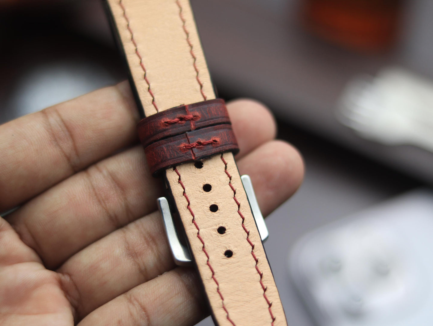 PREMIUM LEATHER STRAP MERLOT RED - FULL STITCHED (RED)