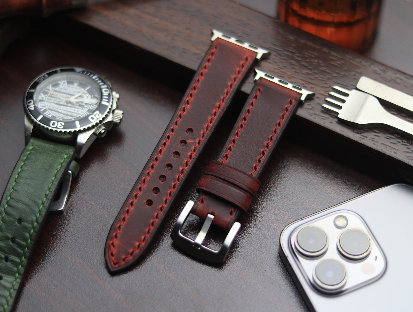 PREMIUM LEATHER STRAP MERLOT RED - FULL STITCHED (RED)