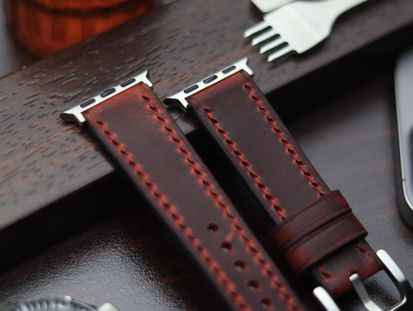PREMIUM LEATHER STRAP MERLOT RED - FULL STITCHED (RED)