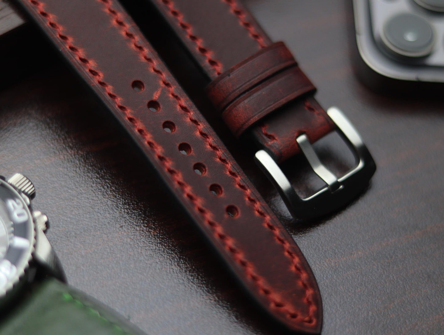 PREMIUM LEATHER STRAP MERLOT RED - FULL STITCHED (RED)