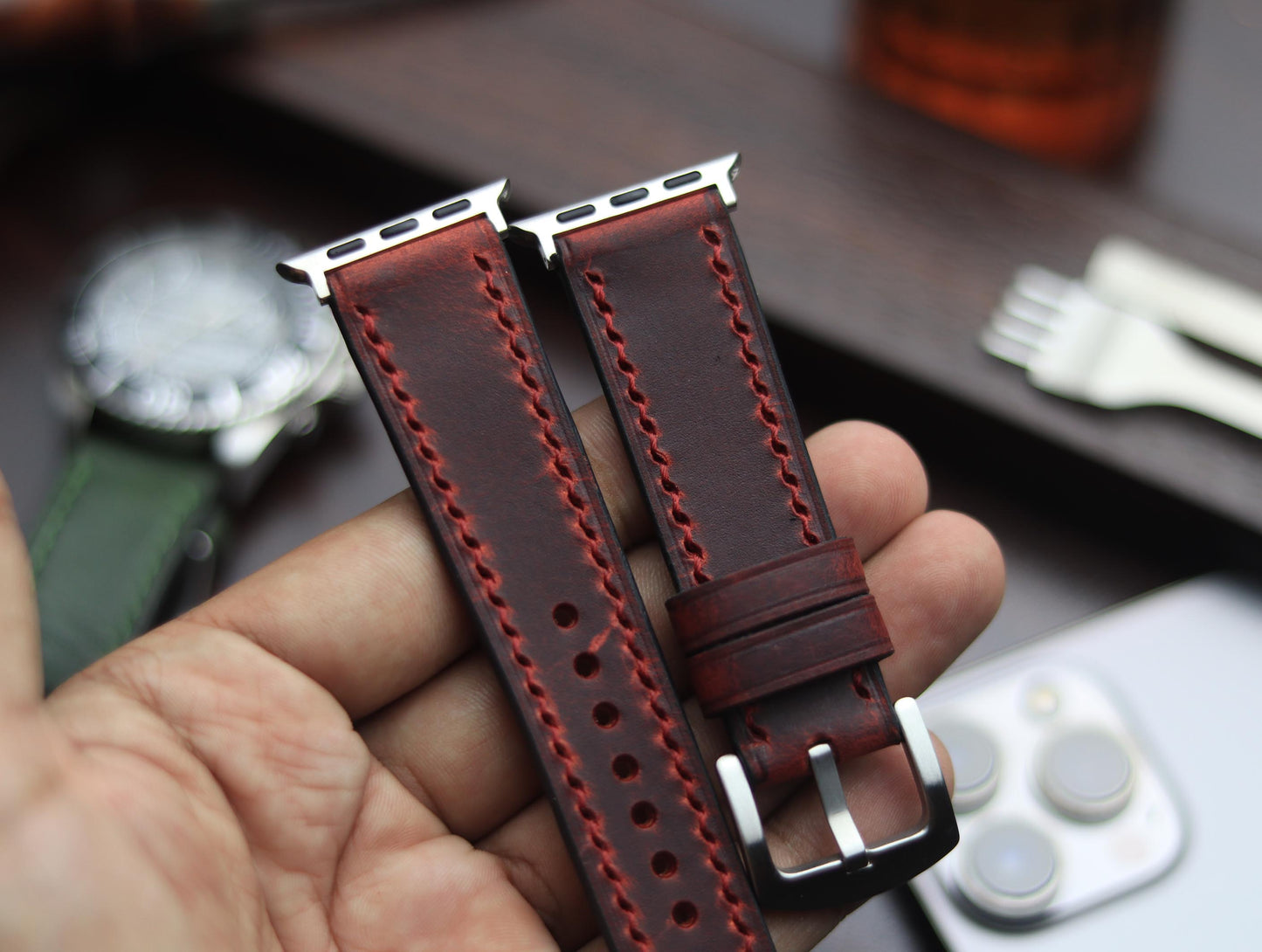 PREMIUM LEATHER STRAP MERLOT RED - FULL STITCHED (RED)