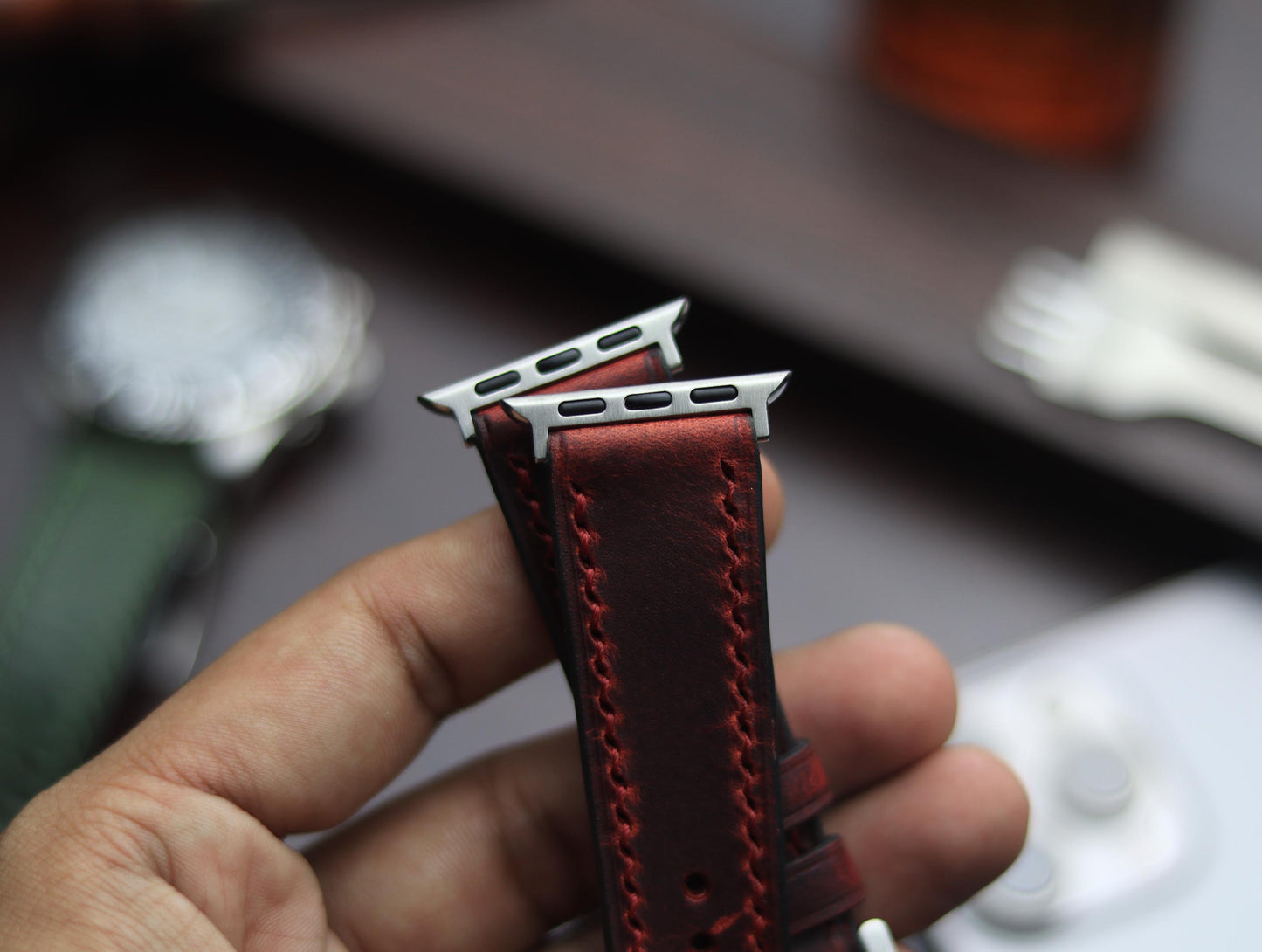 PREMIUM LEATHER STRAP MERLOT RED - FULL STITCHED (RED)
